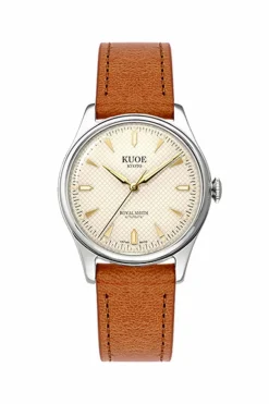 Outlet KUOE Watch ROYAL SMITH 90-006 - Silver Case Ivory Dial - Tan Leather Band