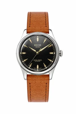 Sale KUOE Watch ROYAL SMITH 90-006 - Silver Case Black Dial - Tan Leather Band