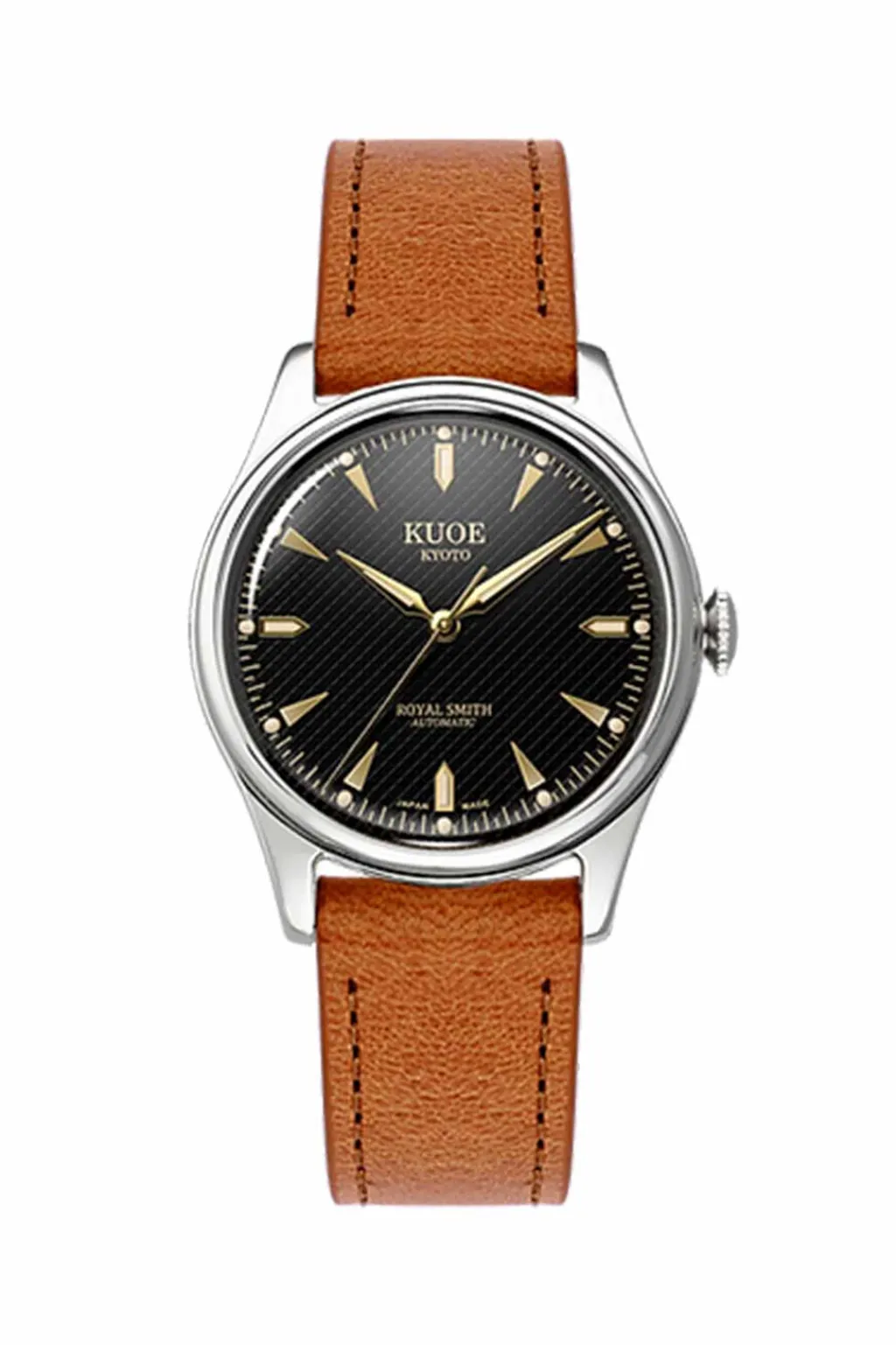 Sale KUOE Watch ROYAL SMITH 90-006 - Silver Case Black Dial - Tan Leather Band