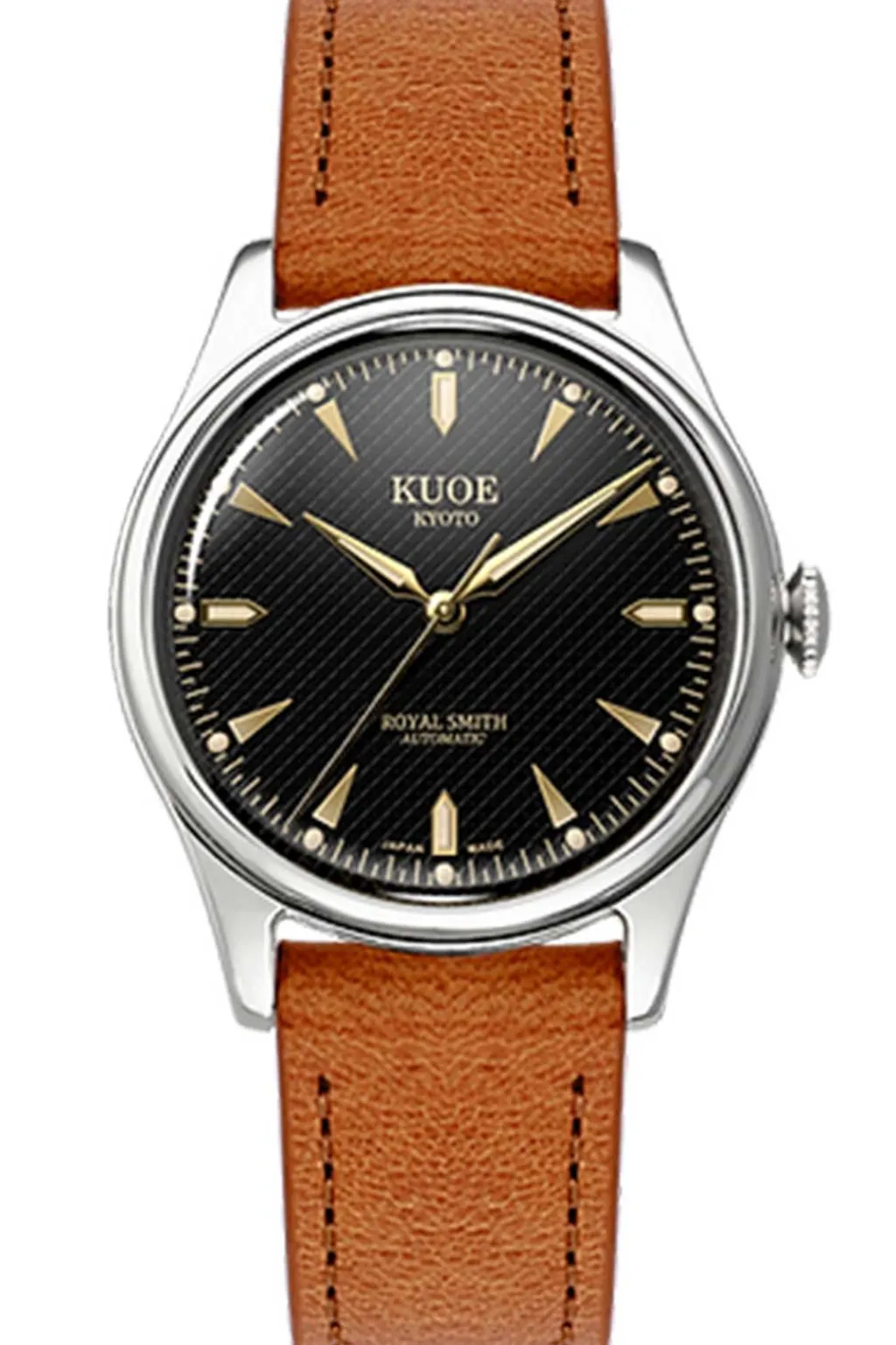 Sale KUOE Watch ROYAL SMITH 90-006 - Silver Case Black Dial - Tan Leather Band