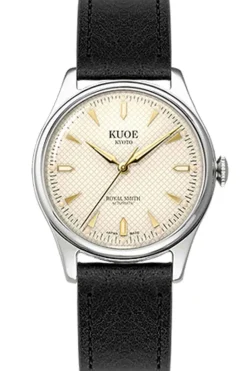 Hot KUOE Watch ROYAL SMITH 90-006 - Silver Case Ivory Dial - Black Leather Band