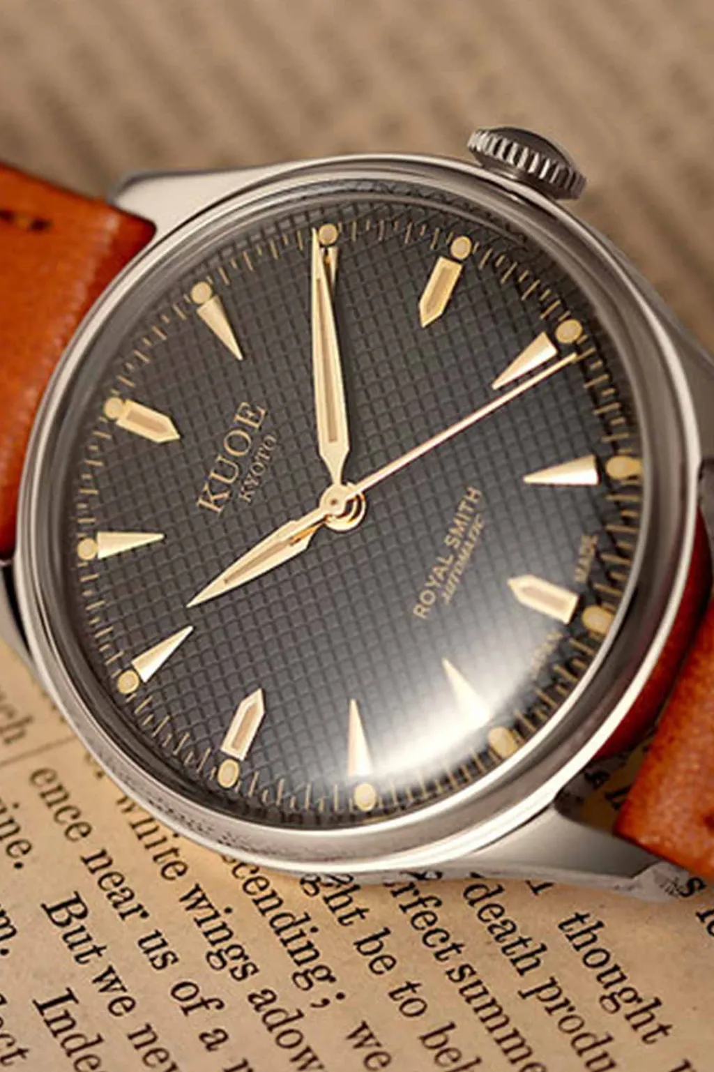 Sale KUOE Watch ROYAL SMITH 90-006 - Silver Case Black Dial - Tan Leather Band