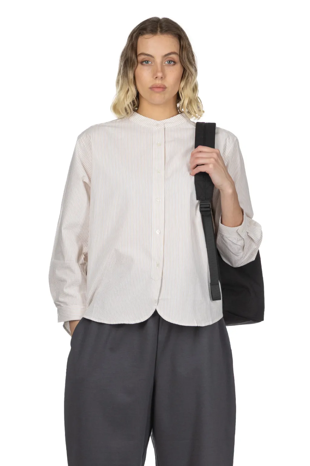 Hot Nachukara Seersucker Band Collar Blouse - Beige