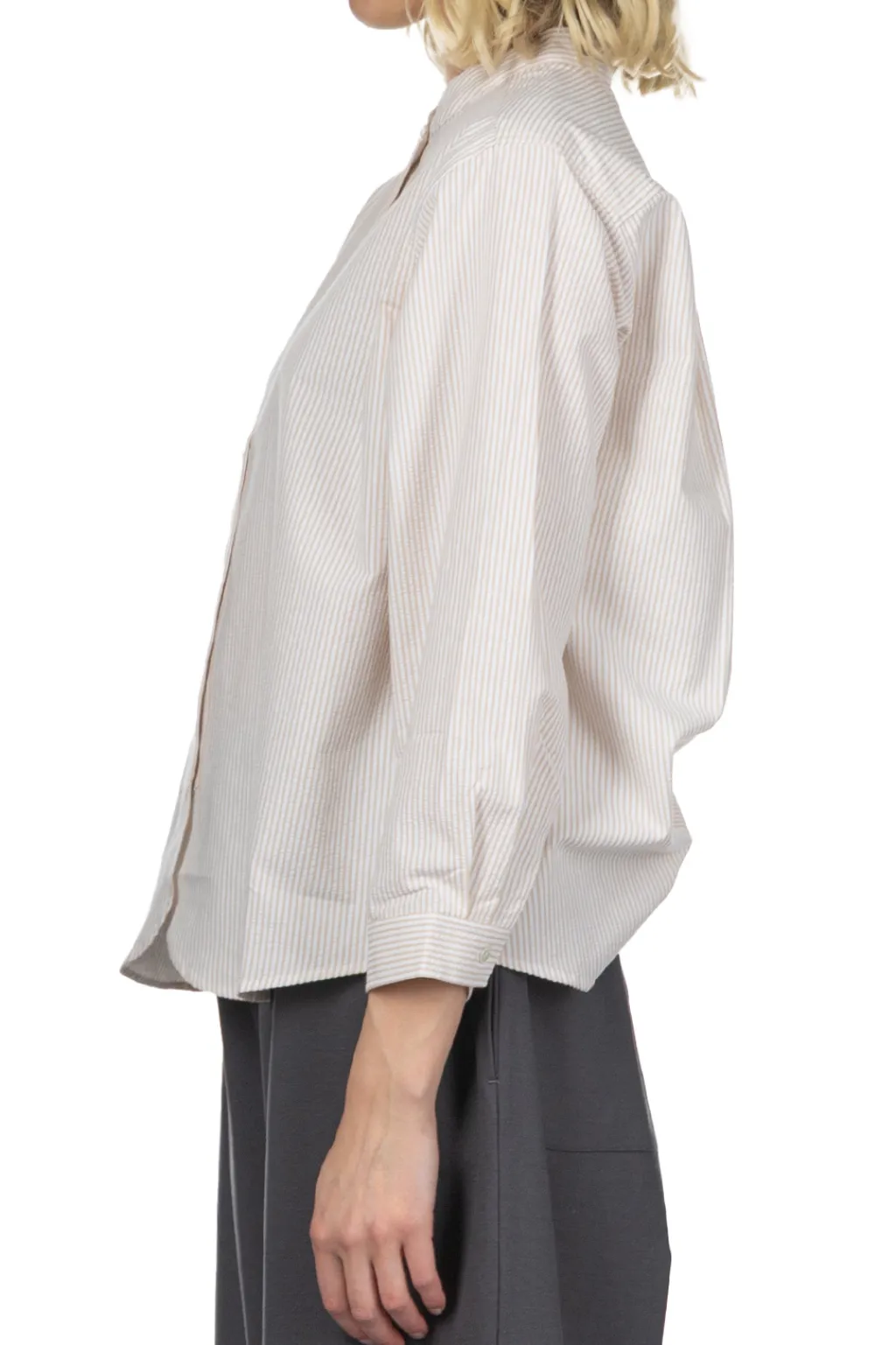 Hot Nachukara Seersucker Band Collar Blouse - Beige