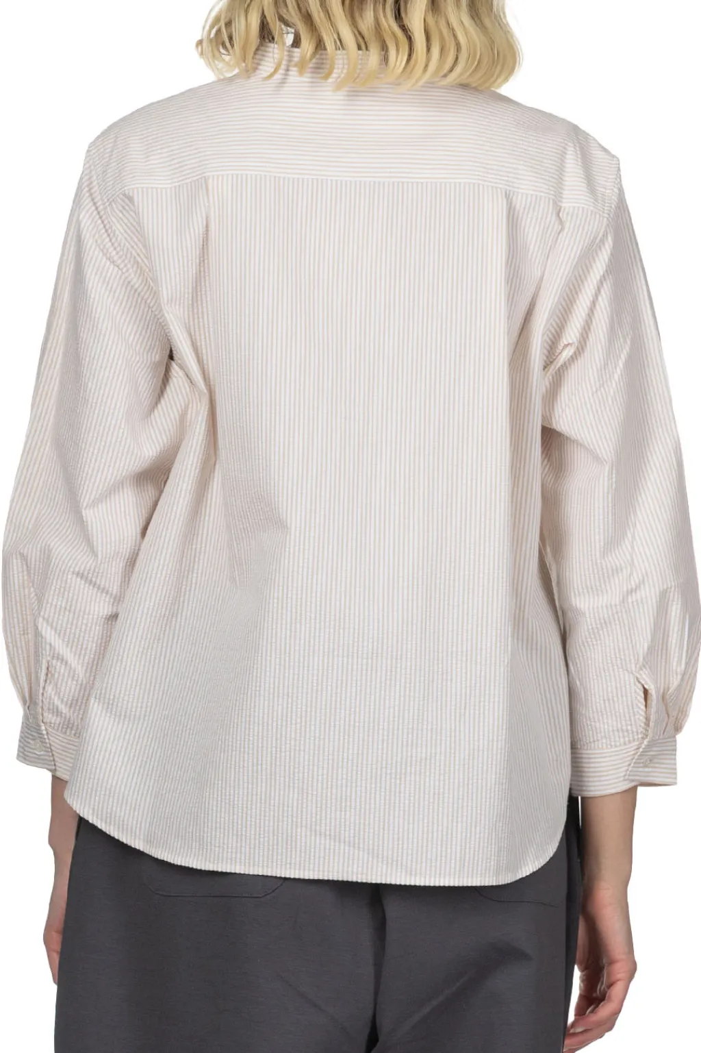 Hot Nachukara Seersucker Band Collar Blouse - Beige