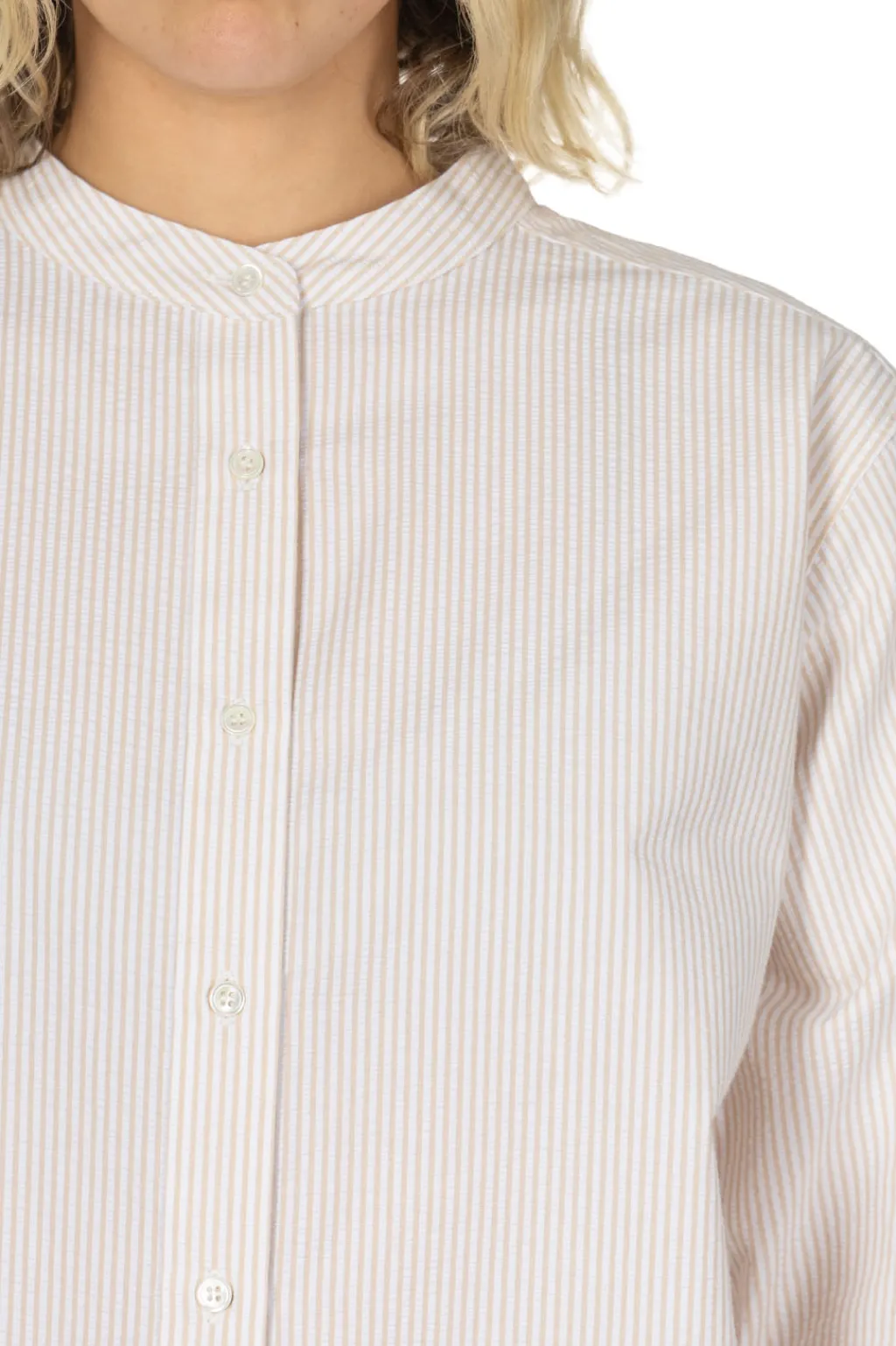 Hot Nachukara Seersucker Band Collar Blouse - Beige