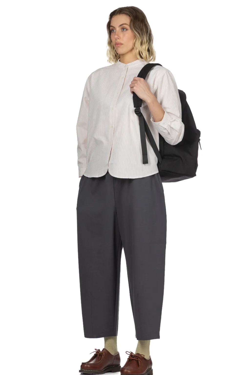Hot Nachukara Seersucker Band Collar Blouse - Beige