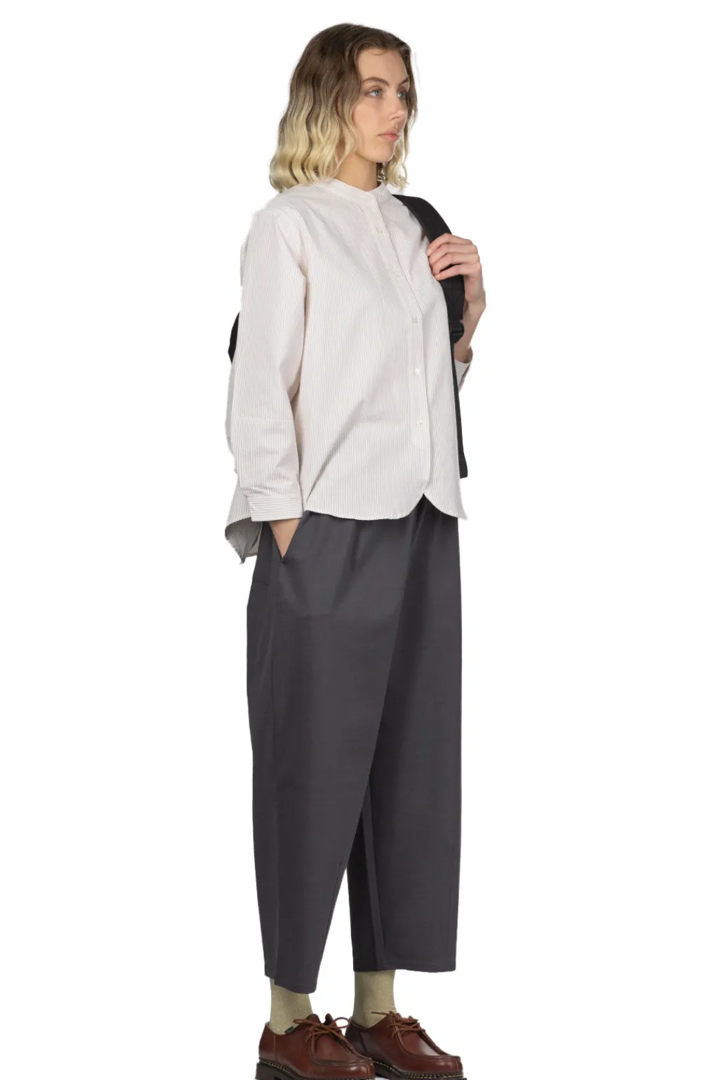 Hot Nachukara Seersucker Band Collar Blouse - Beige