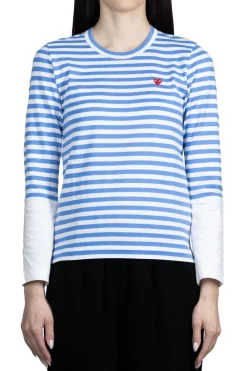 Discount Comme Des Garcons Play Small Red Heart Striped LS T-Shirt - Blue x White