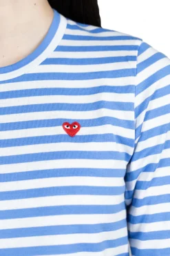 Discount Comme Des Garcons Play Small Red Heart Striped LS T-Shirt - Blue x White