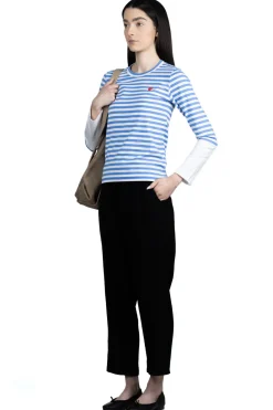 Discount Comme Des Garcons Play Small Red Heart Striped LS T-Shirt - Blue x White