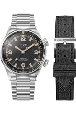 Online KUOE Watch SOMBRERO 90-011 - 38mm - Black Linen Textured Dial - Flat-Link