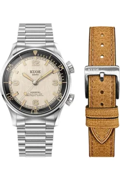 Clearance KUOE Watch SOMBRERO 90-011 - 38mm - Ivory Linen Textured Dial - Flat-Link