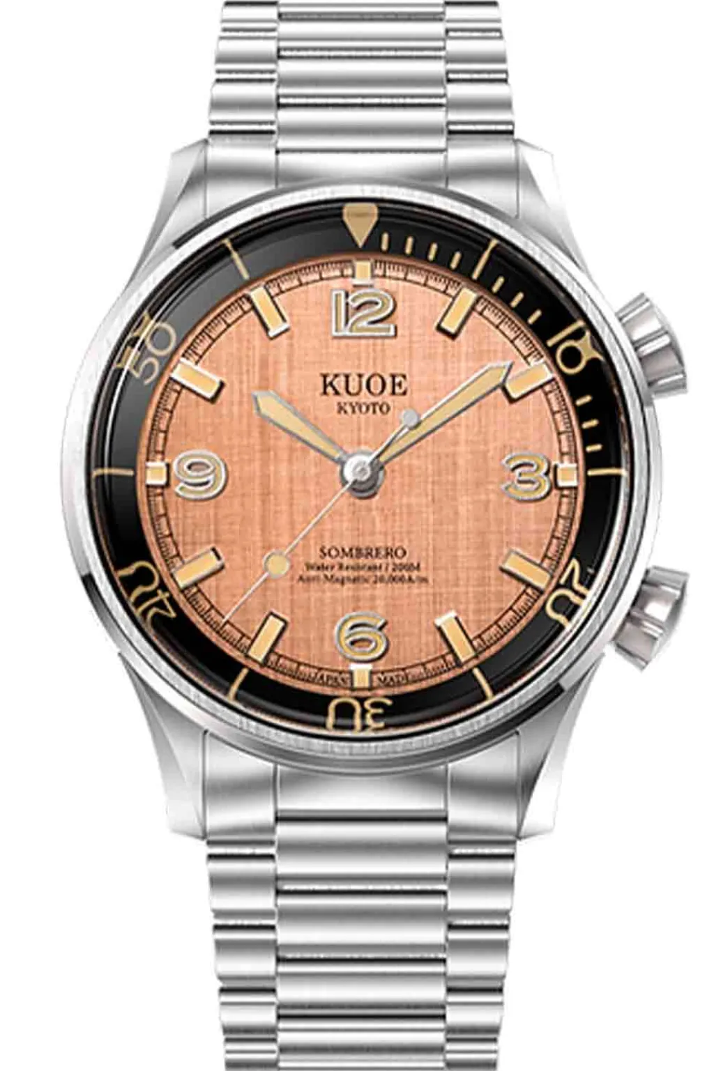 Best KUOE Watch SOMBRERO 90-011 - 38mm - Salmon Linen Textured Dial - Flat-Link