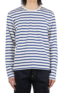 Outlet Kapital Stripe Jersey Crew LS Tee (RAINBOWY Patch) - Natural x Blue