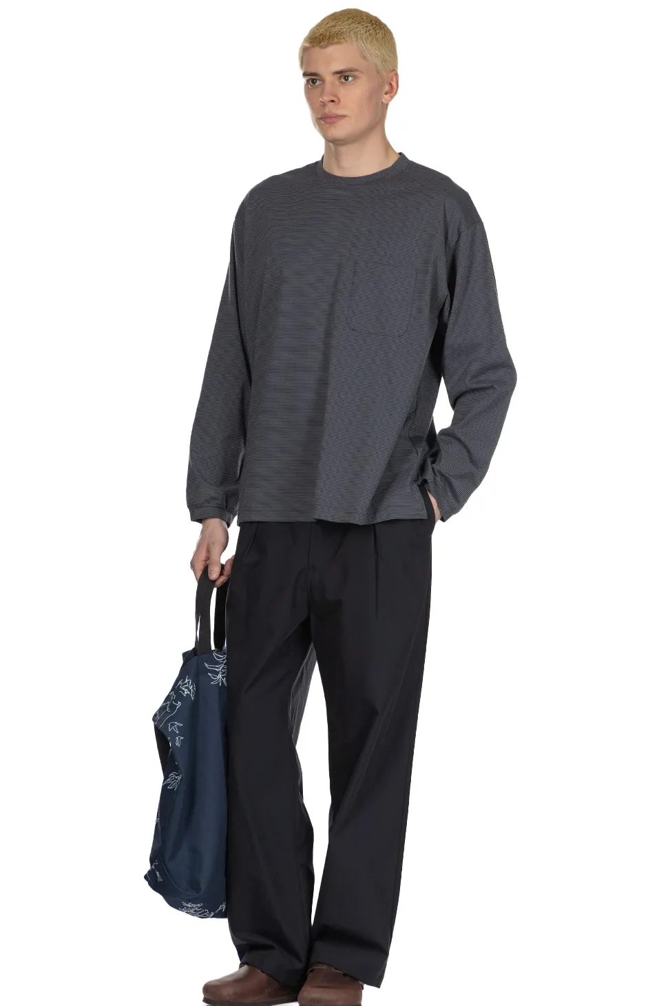 Hot Still by Hand Striped Long Sleeve T-Shirt - Grey x Navy