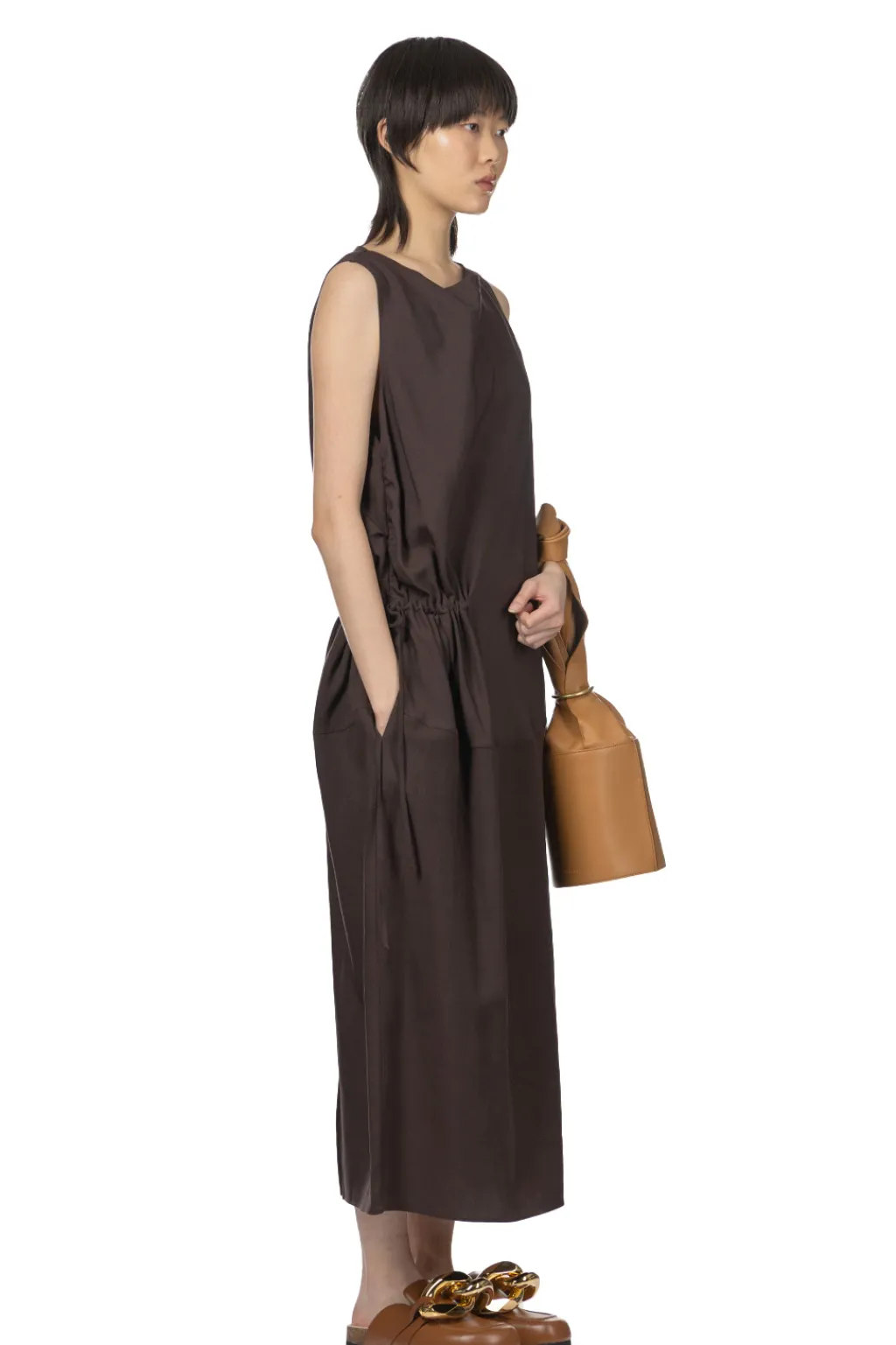 Online YLEVE Tencel Gather One-Piece Dress - Burgundy