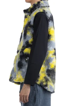 Clearance Tigre Brocante Tie Die Boa Fleece High Neck Snap Vest - Yellow