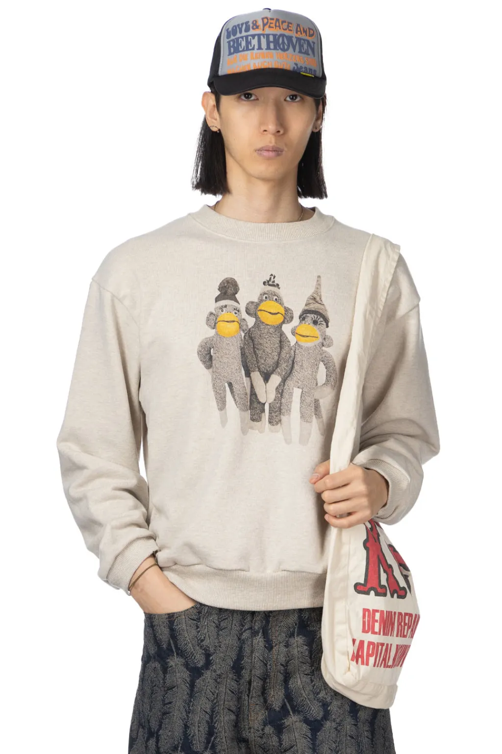 Outlet Kapital TOP SWT Knit Crew SWT (MONKEY AMIGOS) - Natural