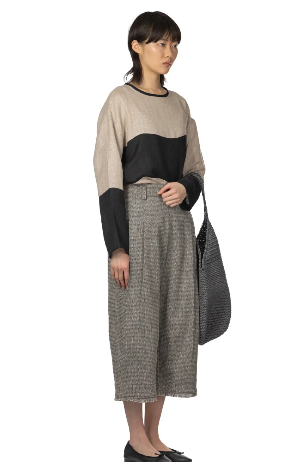 Clearance Manon Tweed Denim Tuck Pants - Black