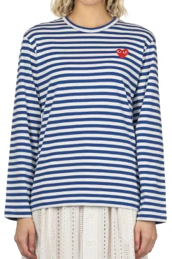 Outlet Comme Des Garcons Play Unisex Red Heart Stripe LS T-Shirt - Navy x White