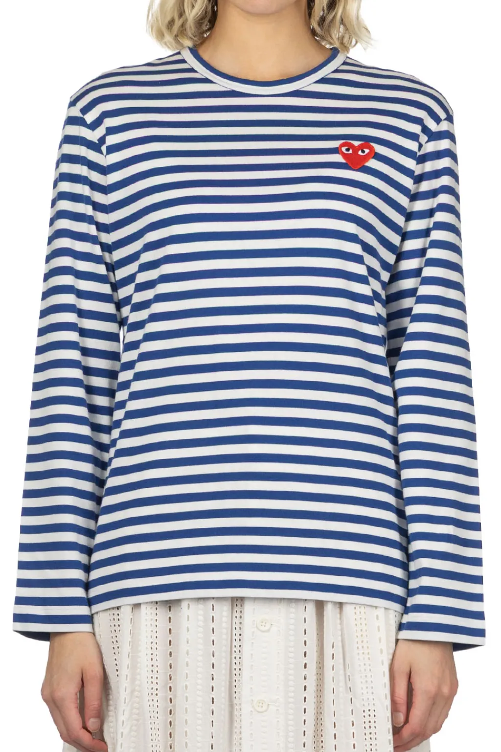 Outlet Comme Des Garcons Play Unisex Red Heart Stripe LS T-Shirt - Navy x White