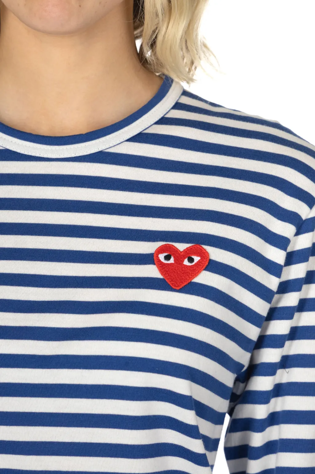 Outlet Comme Des Garcons Play Unisex Red Heart Stripe LS T-Shirt - Navy x White