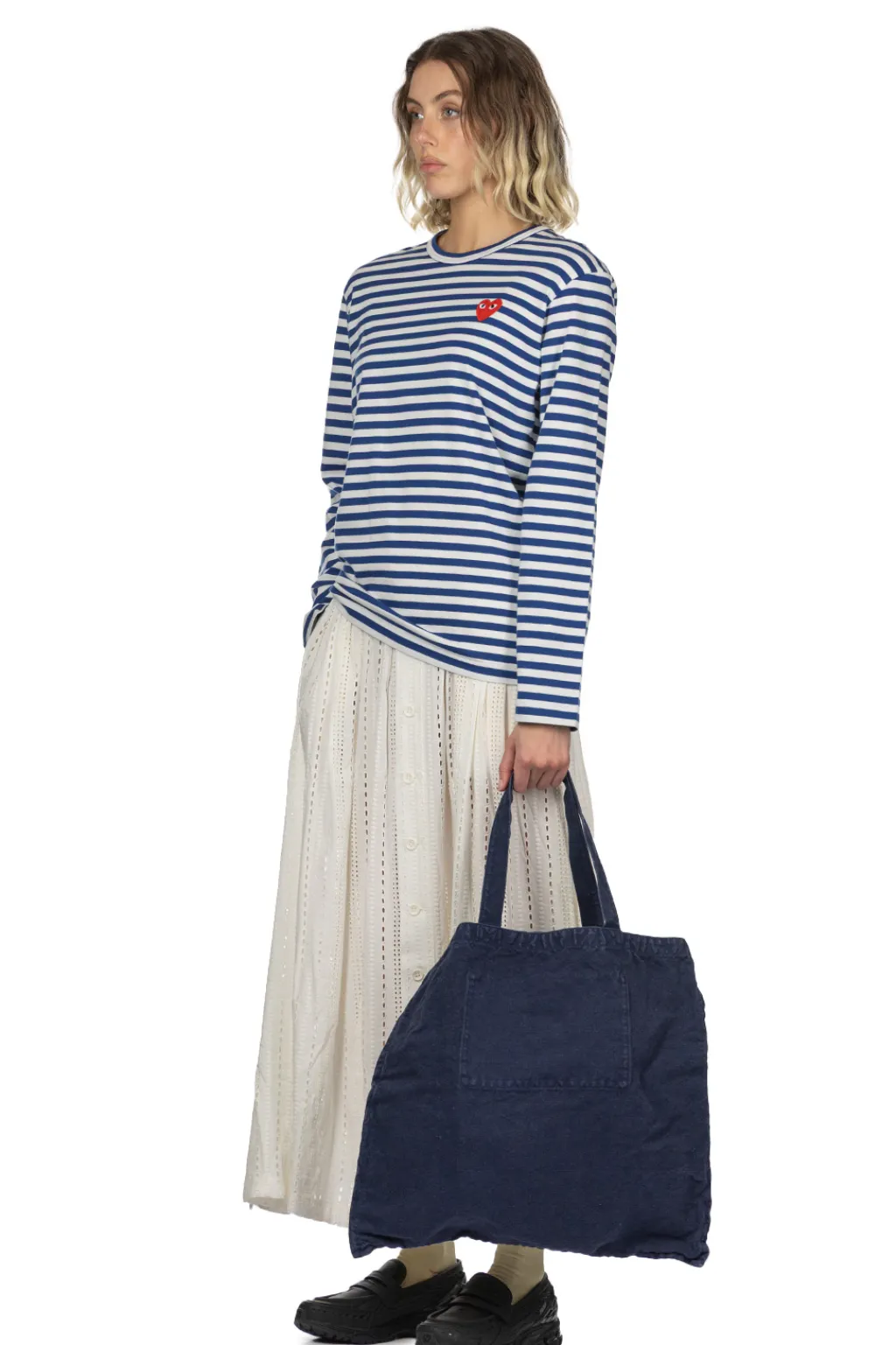 Outlet Comme Des Garcons Play Unisex Red Heart Stripe LS T-Shirt - Navy x White