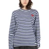Outlet Comme Des Garcons Play Unisex Red Heart Striped LS T-Shirt - Navy x White