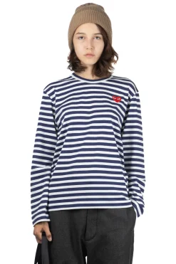Outlet Comme Des Garcons Play Unisex Red Heart Striped LS T-Shirt - Navy x White