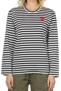 Outlet Comme Des Garcons Play Unisex Red Heart Striped LS T-Shirt - Black x White