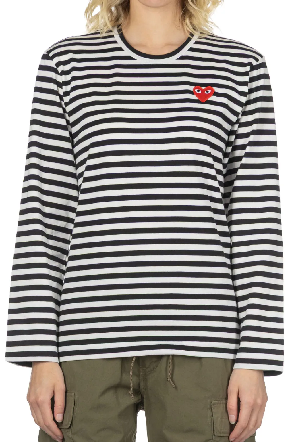 Outlet Comme Des Garcons Play Unisex Red Heart Striped LS T-Shirt - Black x White