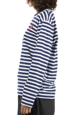 Outlet Comme Des Garcons Play Unisex Red Heart Striped LS T-Shirt - Navy x White