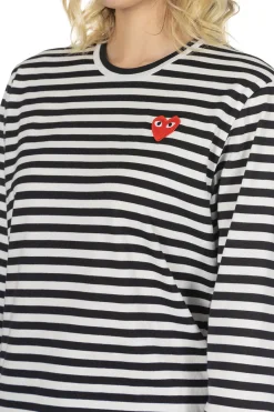 Outlet Comme Des Garcons Play Unisex Red Heart Striped LS T-Shirt - Black x White