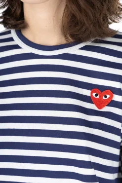 Outlet Comme Des Garcons Play Unisex Red Heart Striped LS T-Shirt - Navy x White