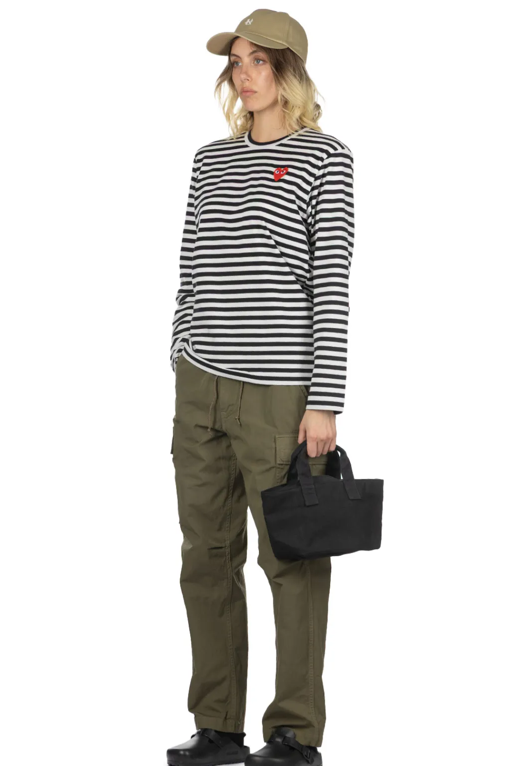 Outlet Comme Des Garcons Play Unisex Red Heart Striped LS T-Shirt - Black x White