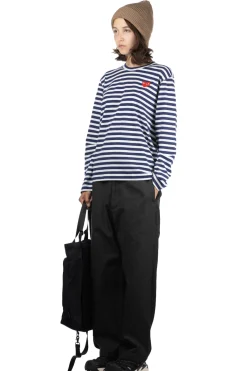 Outlet Comme Des Garcons Play Unisex Red Heart Striped LS T-Shirt - Navy x White